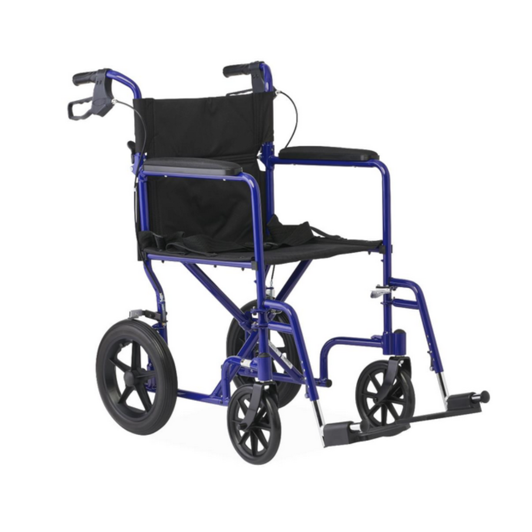 The Medline Lightweight Aluminum Transport Chair features a sleek blue frame, black seat, backrest, and foldable design. It has easy hand brakes on the rear handles and front footrests for effortless portability and four black 12 wheels.